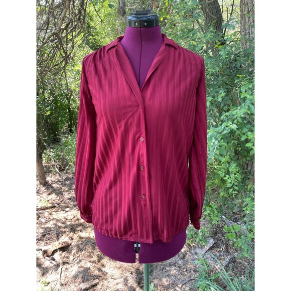 Joyce Tops - Vintage 1970s Womens Button Blouse Burgundy Red Striped